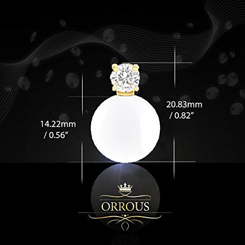 ORROUS & CO Women's 18K Gold Plated Round Simulated Shell Pearl and Solitaire Cubic Zirconia Earrings (14-14.5mm, 1.45 carats)