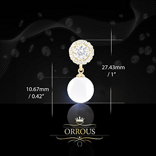ORROUS & CO Women's 18K Gold Plated Round Simulated Shell Pearl and Solitaire Cubic Zirconia Halo Earrings (10.5-11mm, 1.50 carats)