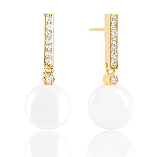 ORROUS & CO Women's 18K Yellow Gold Plated Round Simulated Shell Pearl with Cubic Zirconia Accented Drop Earrings (10.5-11mm)