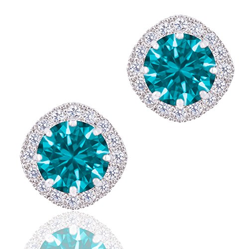 ORROUS & CO Women's 18K White Gold Plated Cubic Zirconia Cushion Shape Halo Stud Earrings (1.90 carats) - Aquamarine