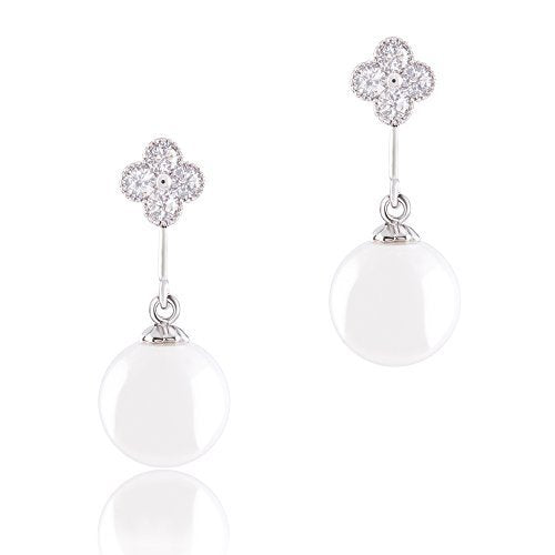 ORROUS & CO Women's 18K Gold Plated White Simulated Shell Pearl with Cubic Zirconia Clover Drop Earrings (9-9.5 mm)