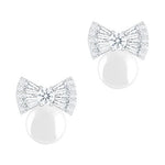 ORROUS & CO Women's 18K White Gold Plated Round Simulated Shell Pearl with Cubic Zirconia Bow Stud Earrings (7.5-8 mm)