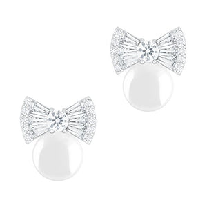 ORROUS & CO Women's 18K White Gold Plated Round Simulated Shell Pearl with Cubic Zirconia Bow Stud Earrings (7.5-8 mm)