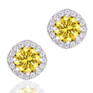 ORROUS & CO Women's 18K White Gold Plated Cubic Zirconia Cushion Shape Halo Stud Earrings (1.90 carats) - Citrine