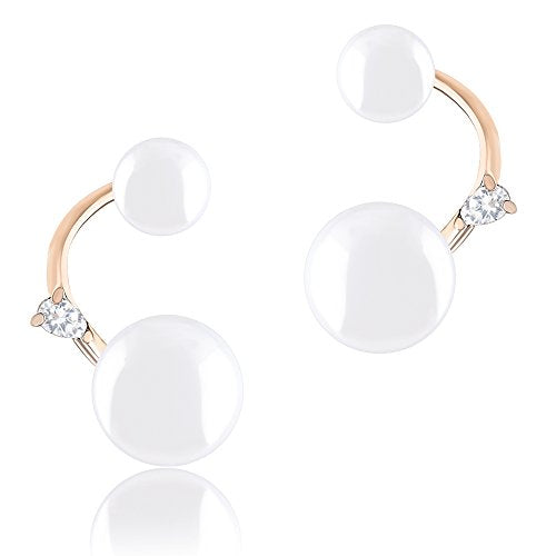 ORROUS & CO Women's 18K Yellow Gold Plated White Simulated Shell Pearl with Cubic Zirconia Accented Curved Earrings (8.5-9mm, 5-5.5mm)