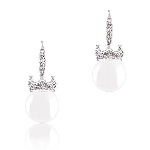 ORROUS & CO Women's 18K Gold Plated White Simulated Shell Pearl with Cubic Zirconia Accented Crown Drop Earrings (12-12.5 mm)
