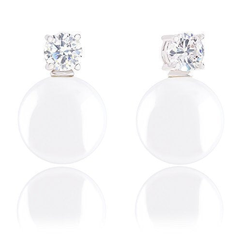 ORROUS & CO Women's 18K Gold Plated Round Simulated Shell Pearl and Solitaire Cubic Zirconia Earrings (14-14.5mm, 1.45 carats)