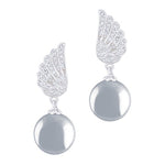 ORROUS & CO Women's 18K White Gold Plated Angel Wings with Drop Round Shell Pearl Earrings (10-10.5mm)