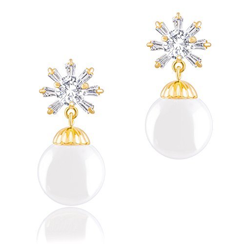 ORROUS & CO Women's 18K Gold Plated White Stimulated Shell Pearl with Cubic Zirconia Snowflake Drop Earrings (10-10.5 mm)