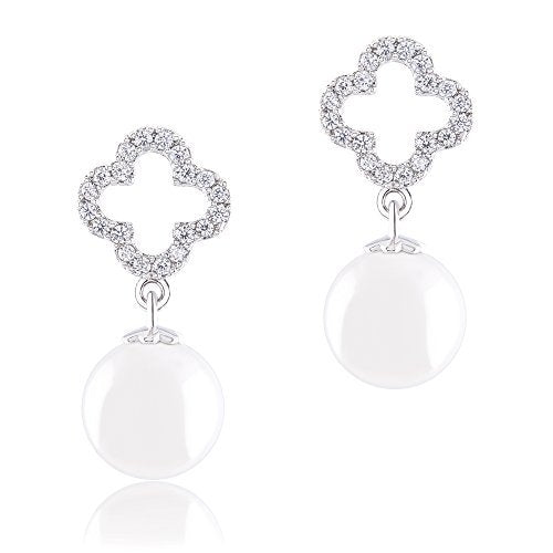 ORROUS & CO Women's 18K Gold Plated White Shell Pearl with Cubic Zirconia Clover Drop Earrings (10-10.5 mm)