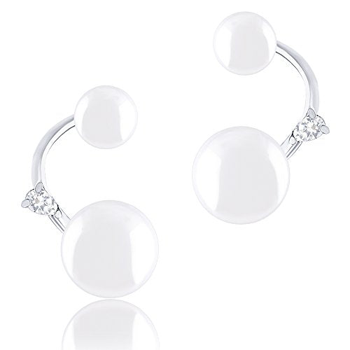 ORROUS & CO Women's 18K White Gold Plated White Simulated Shell Pearl with Cubic Zirconia Accented Curved Earrings (8.5-9mm, 5-5.5mm)