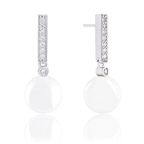 ORROUS & CO Women's 18K White Gold Plated Round Simulated Shell Pearl with Cubic Zirconia Accented Drop Earrings (10.5-11mm)