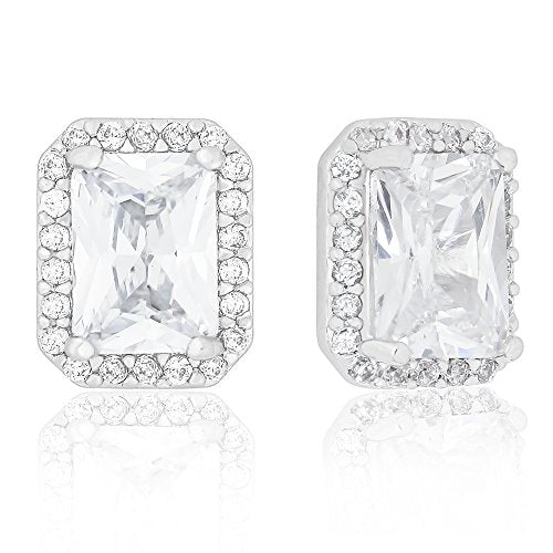 ORROUS & CO Women's 18K White Gold Plated Cubic Zirconia Emerald Cut Halo Stud Earrings (1.65 carats)