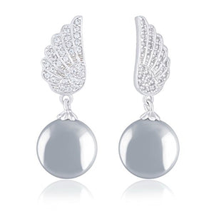 ORROUS & CO Women's 18K White Gold Plated Angel Wings with Drop Round Shell Pearl Earrings (10-10.5mm)