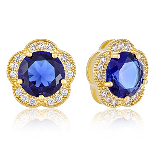 ORROUS & CO Women's 18K Yellow Gold Plated Cubic Zirconia Flower Halo Stud Earrings (2.30 carats) - Sapphire