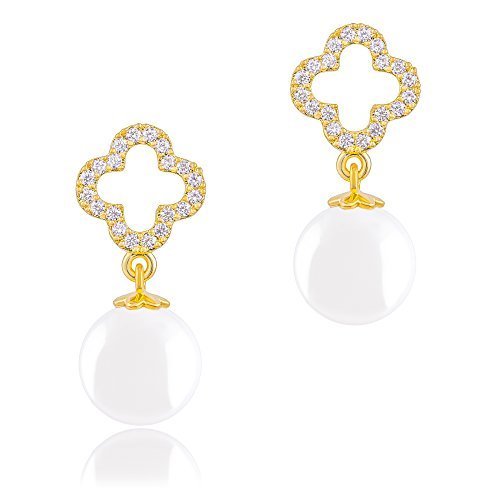 ORROUS & CO Women's 18K Gold Plated White Shell Pearl with Cubic Zirconia Clover Drop Earrings (10-10.5 mm)