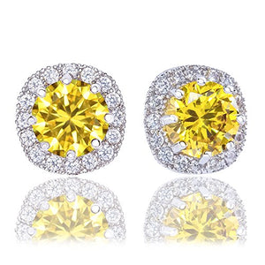 ORROUS & CO Women's 18K White Gold Plated Cubic Zirconia Cushion Shape Halo Stud Earrings (1.90 carats) - Citrine