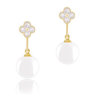 ORROUS & CO Women's 18K Gold Plated White Simulated Shell Pearl with Cubic Zirconia Clover Drop Earrings (9-9.5 mm)