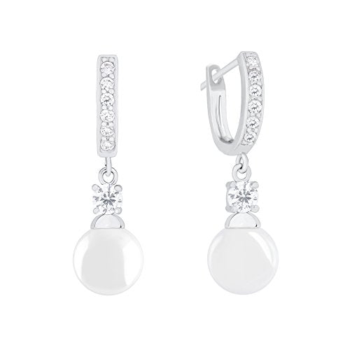 ORROUS & CO Women's 18K White Gold Plated Round Simulated Shell Pearl with Cubic Zirconia Accent Drop Earrings (9-9.5mm)