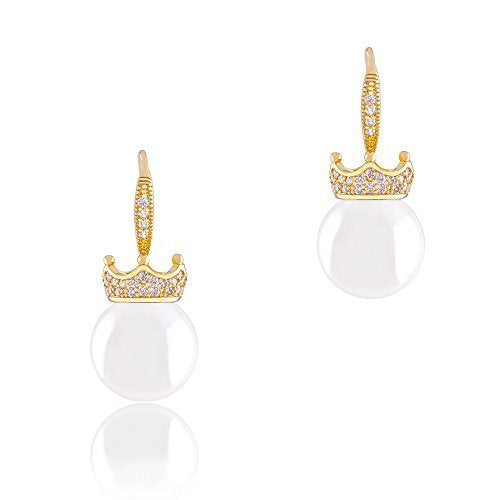 ORROUS & CO Women's 18K Gold Plated White Simulated Shell Pearl with Cubic Zirconia Accented Crown Drop Earrings (12-12.5 mm)