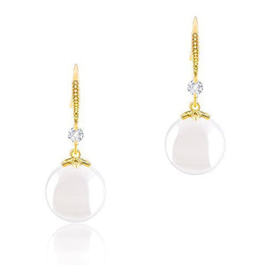 ORROUS & CO Women's 18K Gold Plated White Simulated Shell Pearl with Cubic Zirconia Accented Drop Earrings (11.5-12 mm)