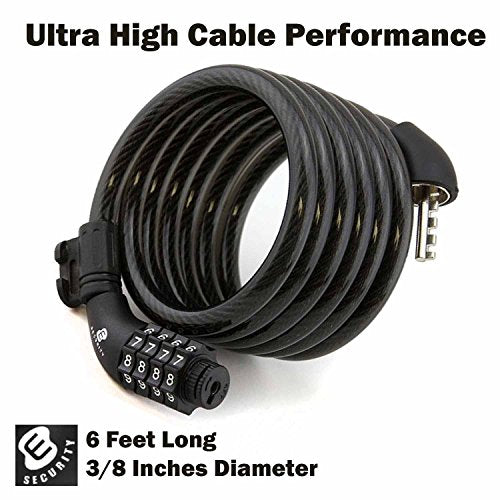 ETRONIC Security Bike Lock M6 Self Coiling Resettable Combination Lock Bike Cable Lock, 6-Feet x 3/8-Inch