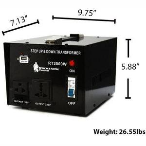 ROCKSTONE POWER 3000 Watt Heavy Duty Step Up/Down Voltage Transformer Converter - Step Up/Down 110/120/220/240 Volt - 5V USB Port - CE Certified