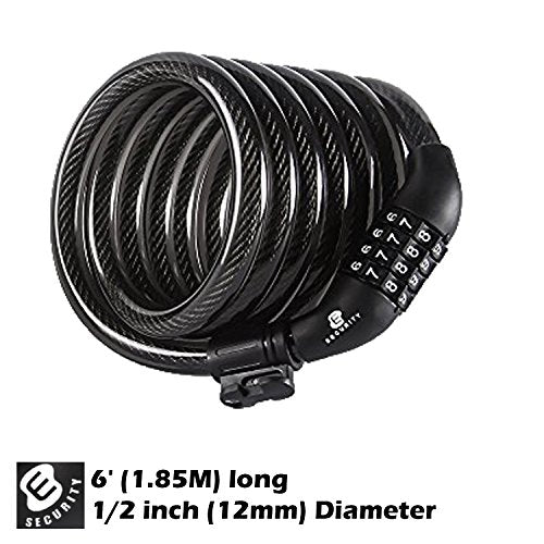 ETRONIC Security Bike Lock M7 Self Coiling Resettable Combination Lock Bike Cable Lock, 6-Feet x 1/2-Inch