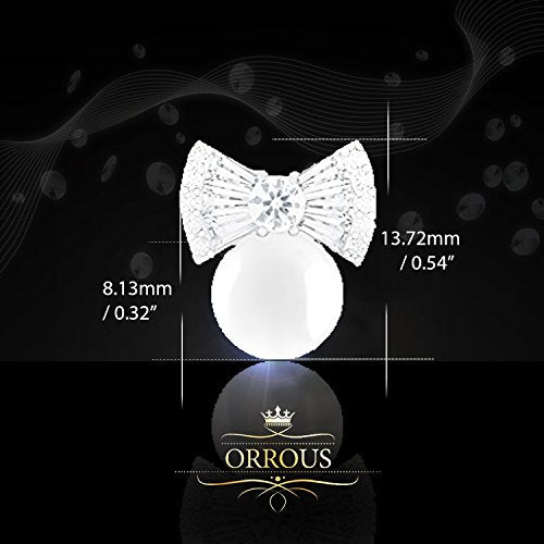 ORROUS & CO Women's 18K White Gold Plated Round Simulated Shell Pearl with Cubic Zirconia Bow Stud Earrings (7.5-8 mm)