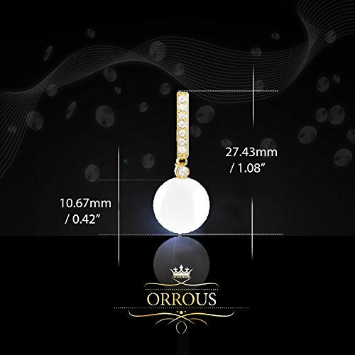 ORROUS & CO Women's 18K Yellow Gold Plated Round Simulated Shell Pearl with Cubic Zirconia Accented Drop Earrings (10.5-11mm)