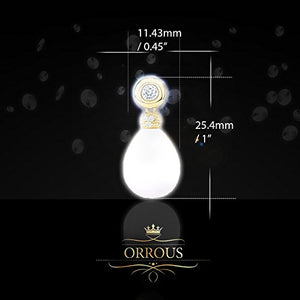 ORROUS & CO Women's 18K Yellow Gold Plated White Simulated Shell Pearl with Cubic Zirconia Earrings (11.5-12mm, 1.20 carats)