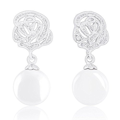 ORROUS & CO Women's 18K White Gold Plated Round Simulated Shell Pearl with Cubic Zirconia Rose Flower Drop Earrings (8.5-9mm)