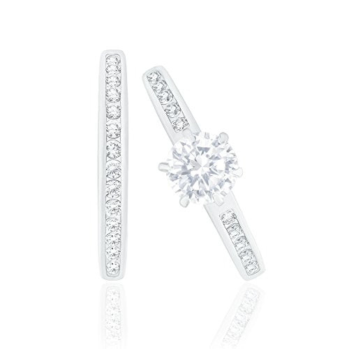 ORROUS & CO Women's 18K White Gold Plated Cubic Zirconia Round Solitaire Ring with Round-Cut Side Stones and Round-Cut Wedding Engagement Band Ring Set (1.45 carats)