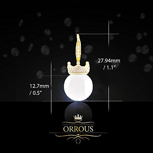 ORROUS & CO Women's 18K Gold Plated White Simulated Shell Pearl with Cubic Zirconia Accented Crown Drop Earrings (12-12.5 mm)