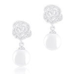 ORROUS & CO Women's 18K White Gold Plated Round Simulated Shell Pearl with Cubic Zirconia Rose Flower Drop Earrings (8.5-9mm)