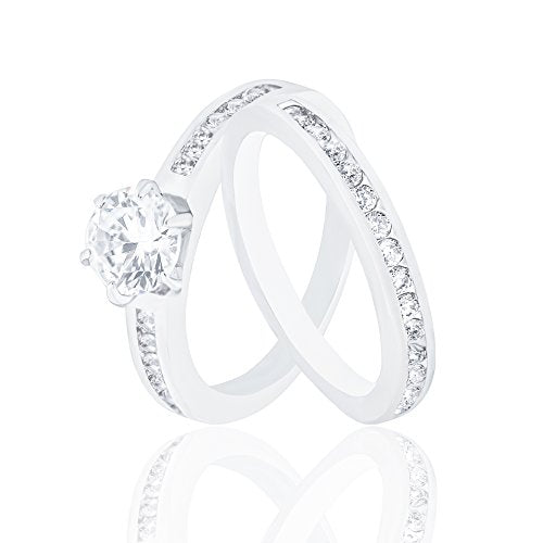 ORROUS & CO Women's 18K White Gold Plated Cubic Zirconia Round Solitaire Ring with Round-Cut Side Stones and Round-Cut Wedding Engagement Band Ring Set (1.45 carats)