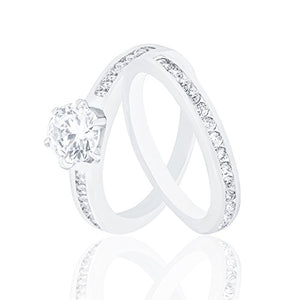 ORROUS & CO Women's 18K White Gold Plated Cubic Zirconia Round Solitaire Ring with Round-Cut Side Stones and Round-Cut Wedding Engagement Band Ring Set (1.45 carats)