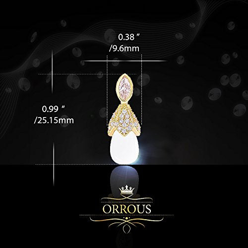 ORROUS & CO Women's 18K Gold Plated White Simulated Shell Pearl with Cubic Zirconia Accented Drop Earrings (8-8.5mm, 1.25 carats)