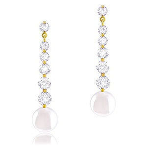 ORROUS & CO Women's 18K Gold Plated White Simulated Shell Pearl with 6 Graduated Cubic Zirconia Drop Earrings (9-9.5mm)