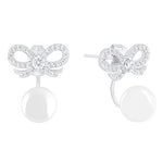 ORROUS & CO Women's 18K White Gold Plated Round Simulated Shell Pearl with Cubic Zirconia Bow Stud Earrings (8-8.5mm)