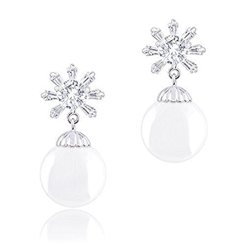 ORROUS & CO Women's 18K Gold Plated White Stimulated Shell Pearl with Cubic Zirconia Snowflake Drop Earrings (10-10.5 mm)