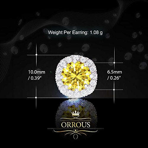 ORROUS & CO Women's 18K White Gold Plated Cubic Zirconia Cushion Shape Halo Stud Earrings (1.90 carats) - Citrine