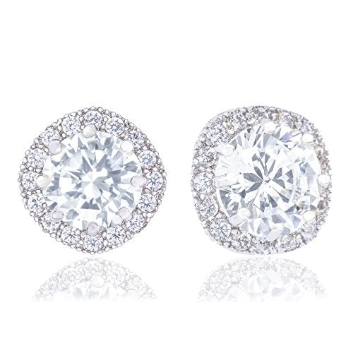 ORROUS & CO Women's 18K White Gold Plated Cubic Zirconia Cushion Shape Halo Stud Earrings (1.90 carats)