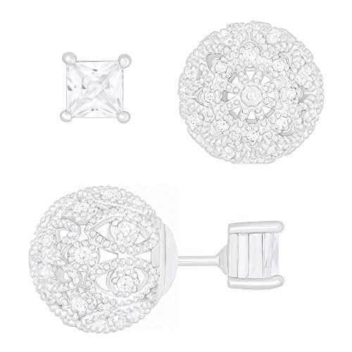 ORROUS & CO Women's 18K White Gold Plated Cubic Zirconia Princess Cut Solitaire Reversible Ball Stud Earrings (0.50 carats)