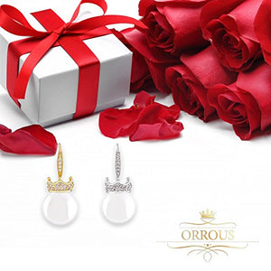 ORROUS & CO Women's 18K Gold Plated White Simulated Shell Pearl with Cubic Zirconia Accented Crown Drop Earrings (12-12.5 mm)