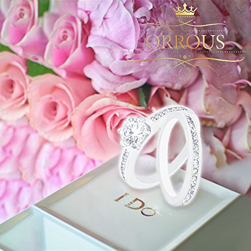 ORROUS & CO Women's 18K White Gold Plated Cubic Zirconia Round Solitaire Ring with Round-Cut Side Stones and Round-Cut Wedding Engagement Band Ring Set (1.45 carats)