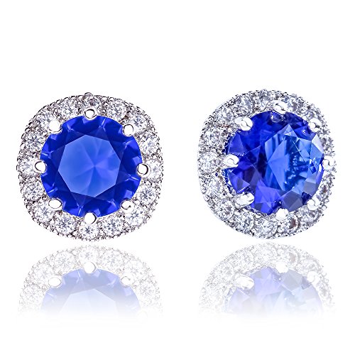 ORROUS & CO Women's 18K White Gold Plated Cubic Zirconia Cushion Shape Halo Stud Earrings (1.90 carats) - Sapphire