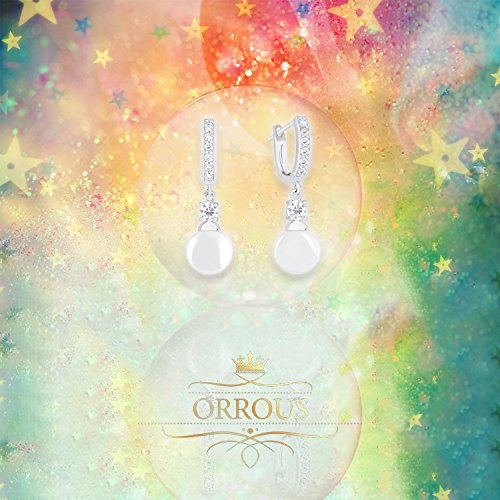 ORROUS & CO Women's 18K White Gold Plated Round Simulated Shell Pearl with Cubic Zirconia Accent Drop Earrings (9-9.5mm)