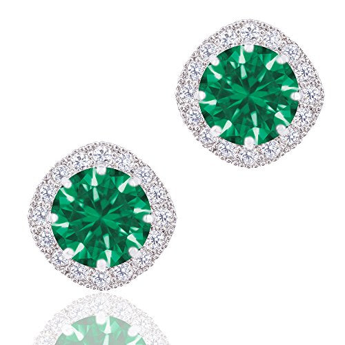 ORROUS & CO Women's 18K White Gold Plated Cubic Zirconia Cushion Shape Halo Stud Earrings (1.90 carats) - Emerald