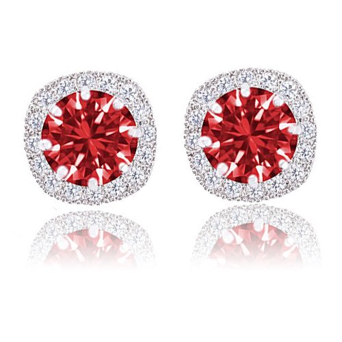 ORROUS & CO Women's 18K White Gold Plated Cubic Zirconia Cushion Shape Halo Stud Earrings (1.90 carats) - Ruby